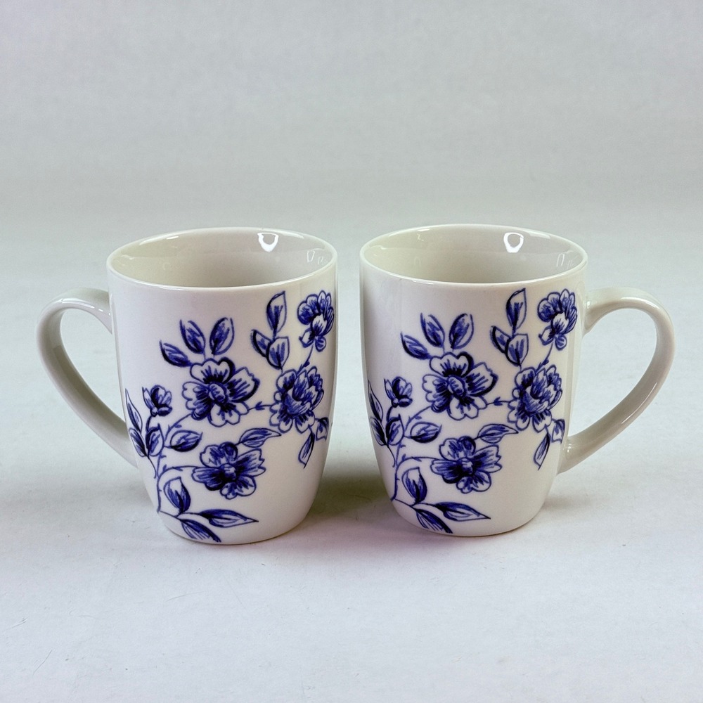 Paula Deen‎ Spring Prelude Blue Floral Coffee Mugs Set of 2 White Ceramic K014